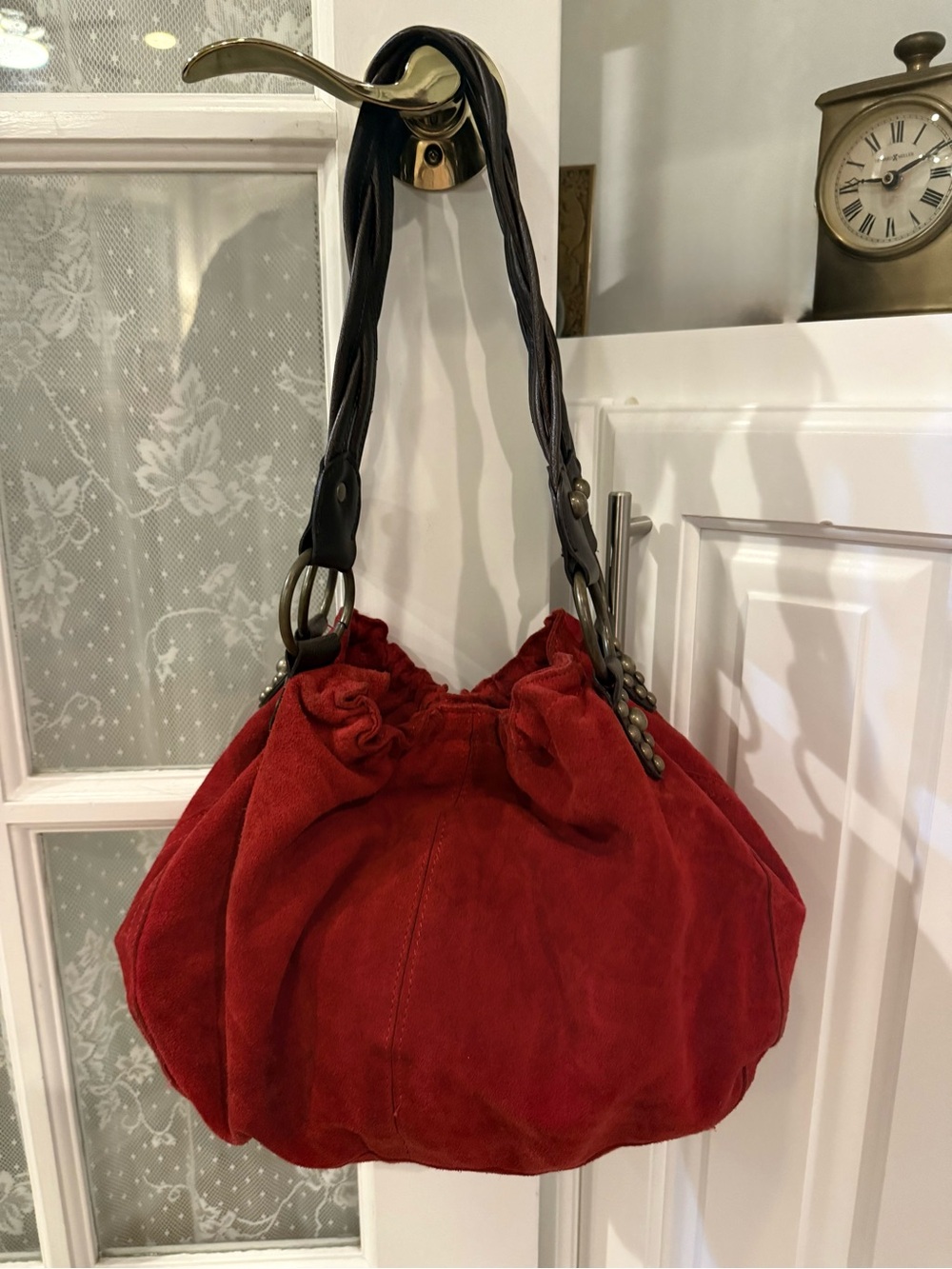 Deep Red Suede Leather Hobo Shoulder Bag Large Slouchy Boho Handbag 14x19.5
